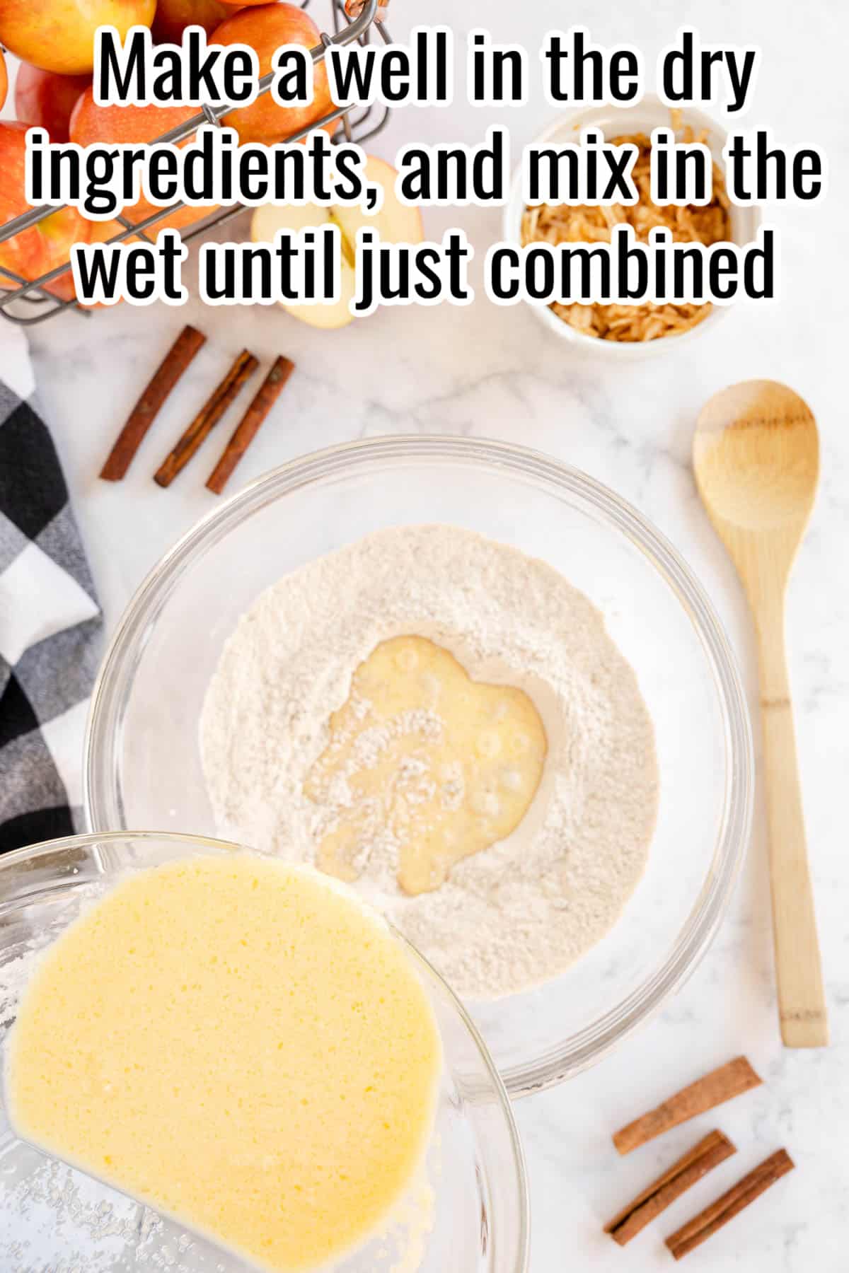 combining the wet and dry ingredients - process image with instructions overlaid in text.