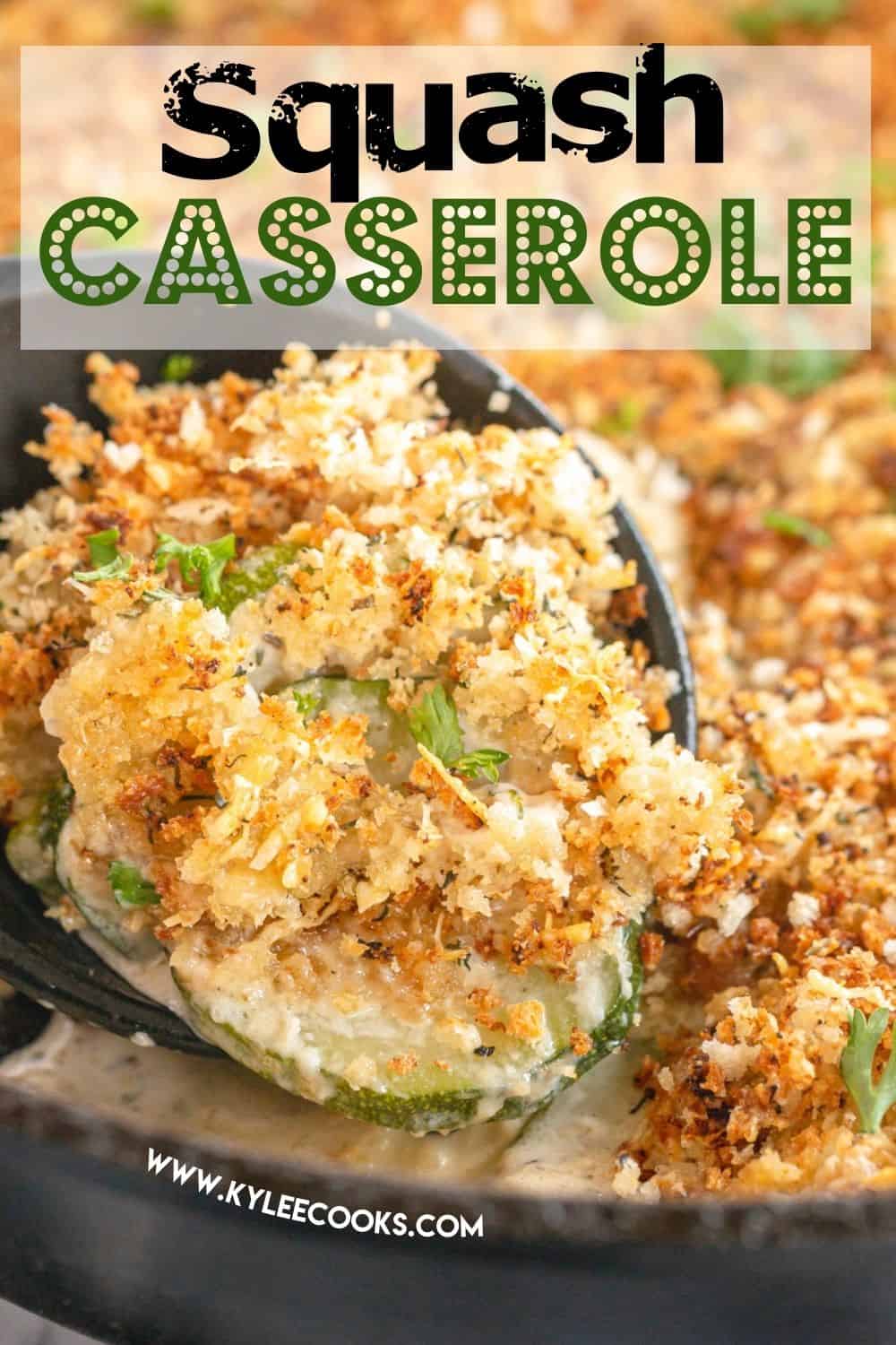 squash casserole in a skillet, with recipe name overlaid in text