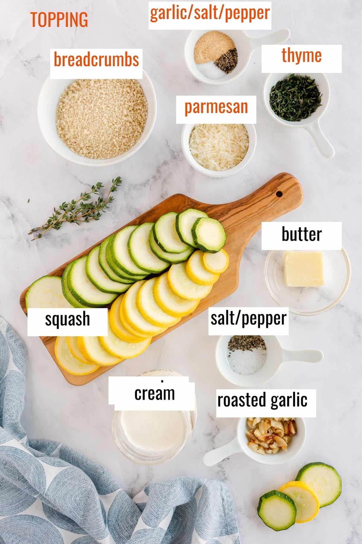 ingredients to make squash casserole laid out and labeled