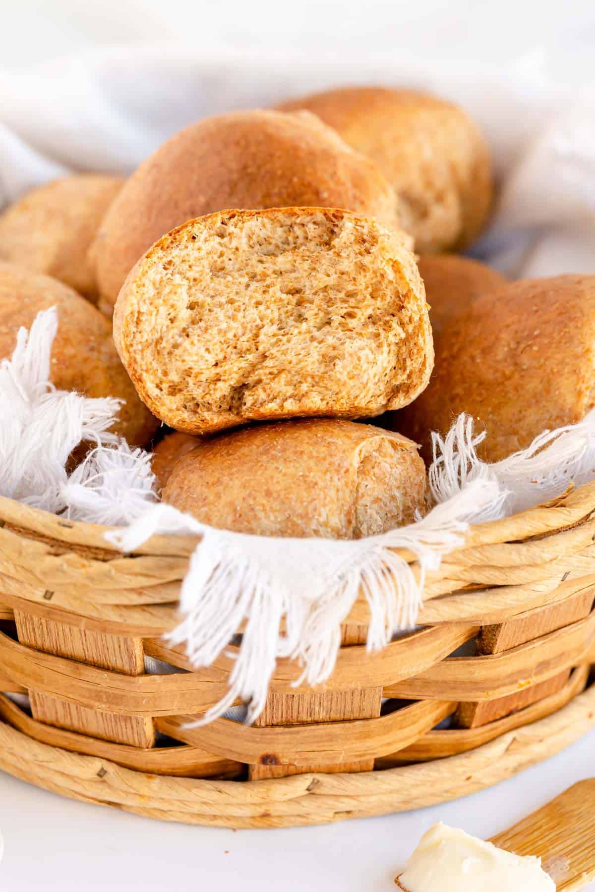whole wheat rolls in a basket
