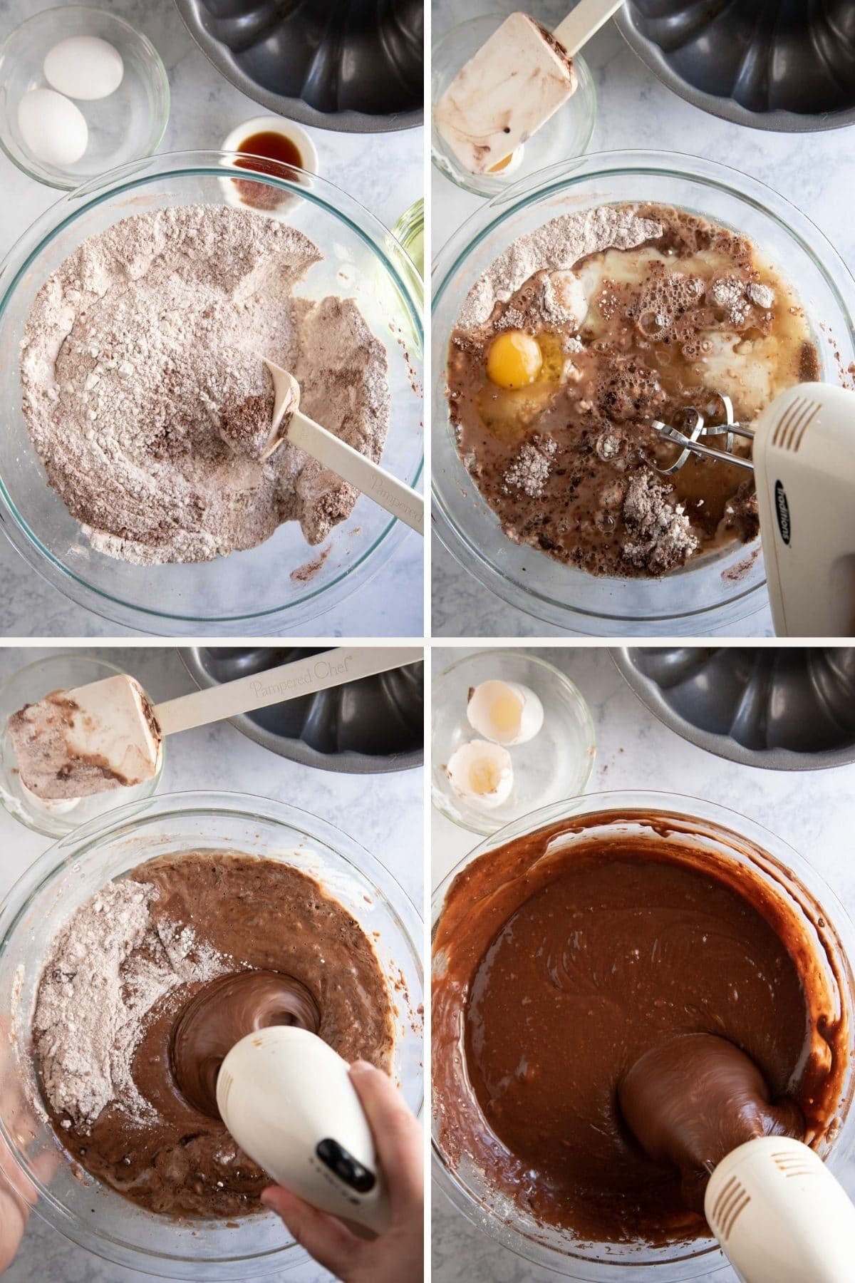 step by step photos showing chocolate bundt cake batter being made