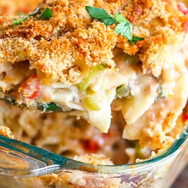 tuna casserole with a spoon of food removed
