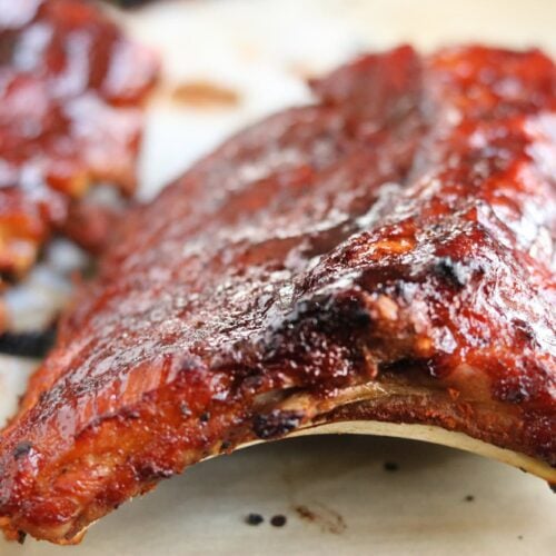 Closeup of cooked barbecue ribs.