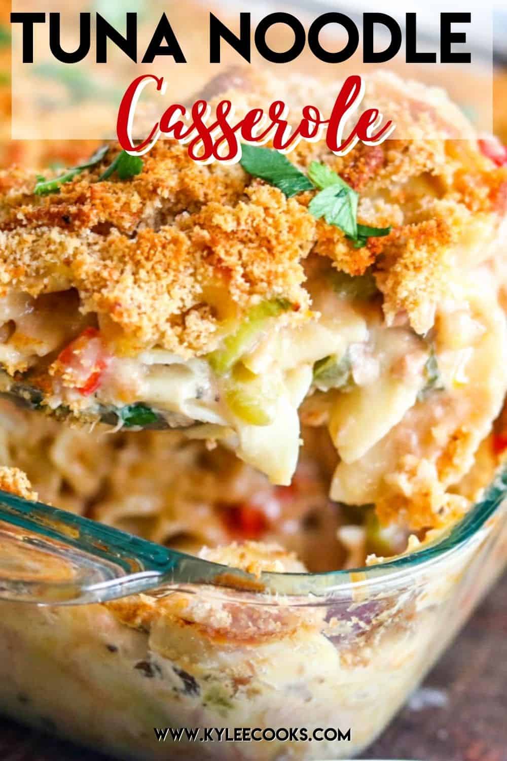 tuna noodle casserole with recipe title overlaid in text