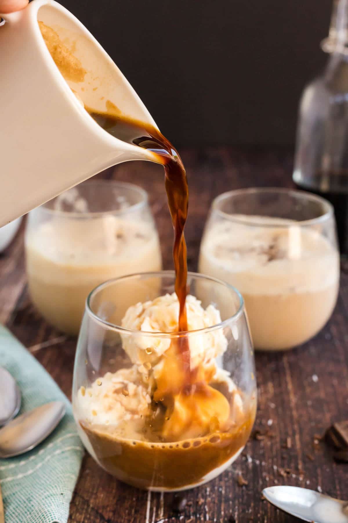 coffee being poured over icecream