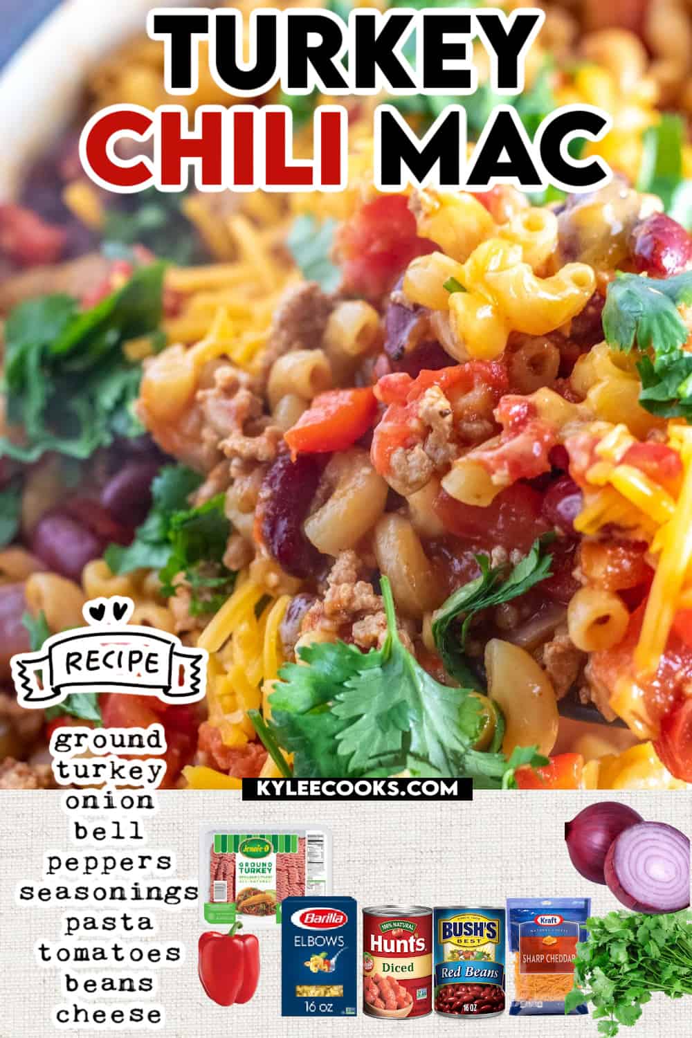 Chili Mac in a skillet with recipe name and ingredients overlaid in text.