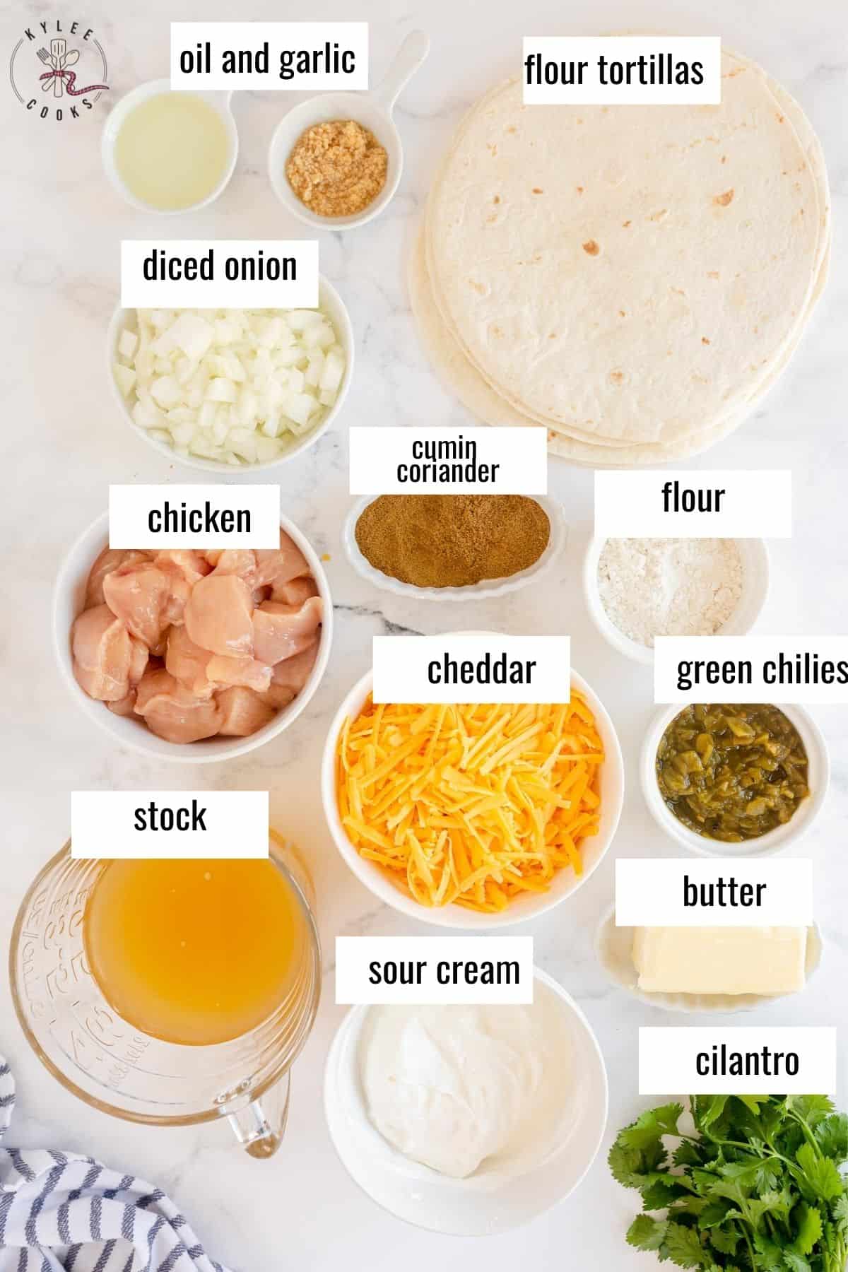 ingredients to make chicken enchiladas laid out and labeled