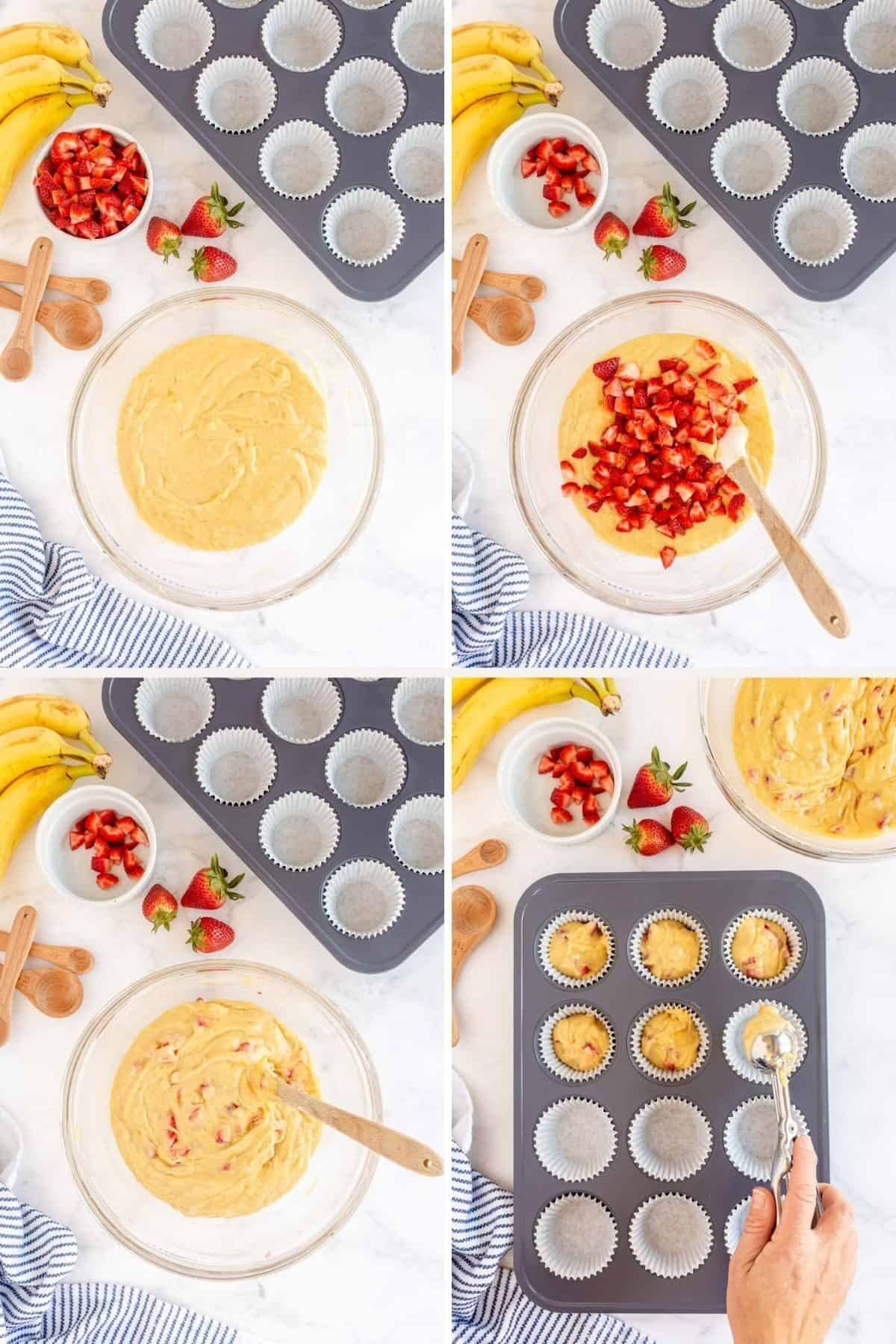 collage showing making the batter for Strawberry muffins