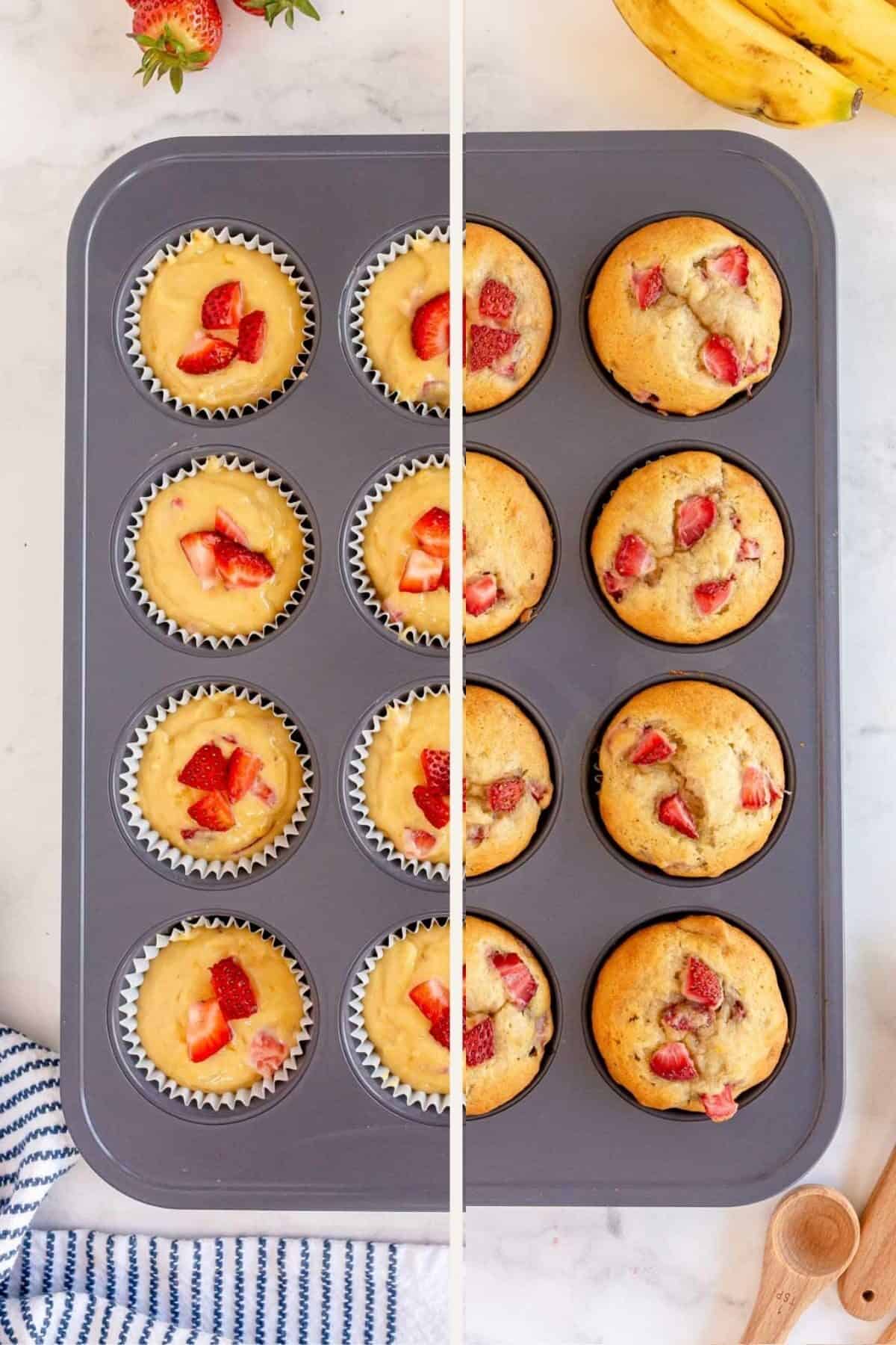 unbaked and baked muffins picture in half