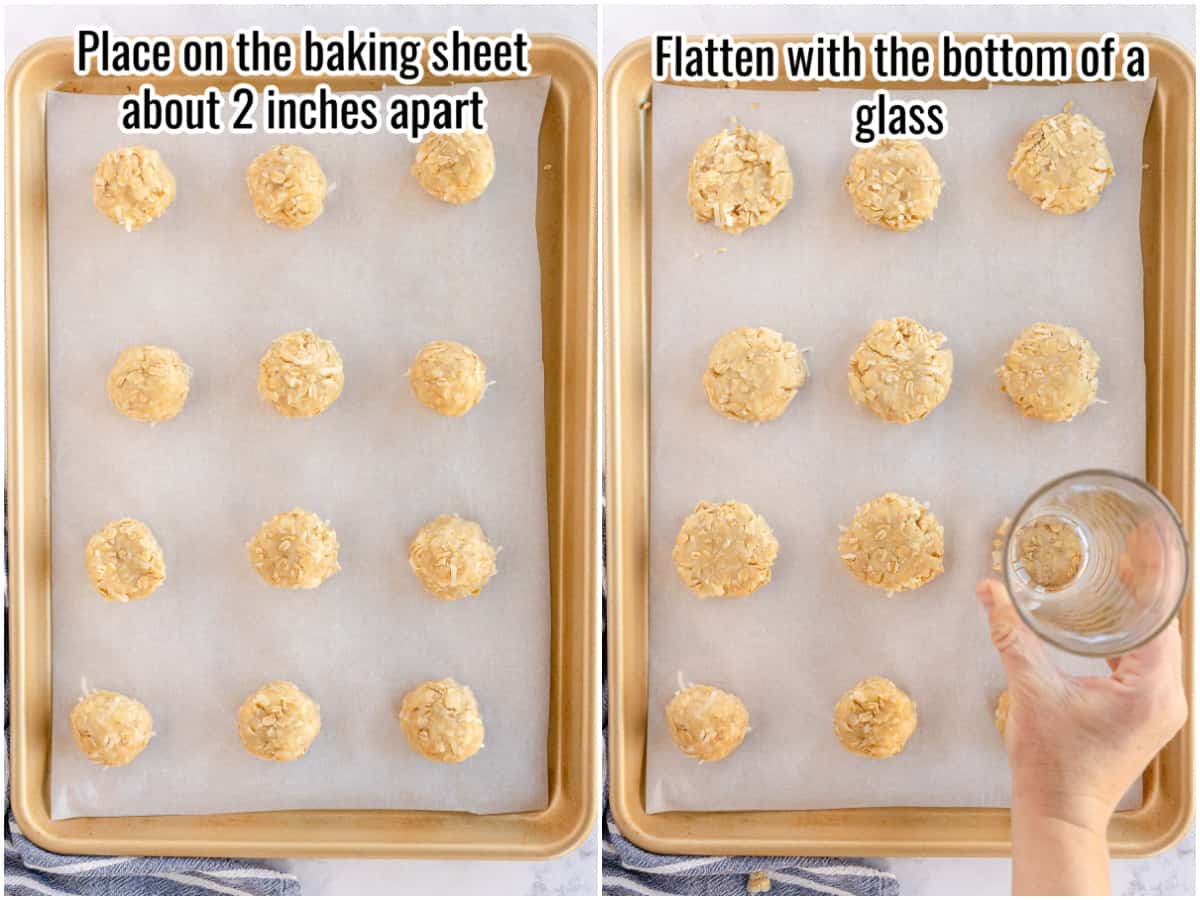 collage of process shots showing  two baking sheets, and pressing cookies with a glass.