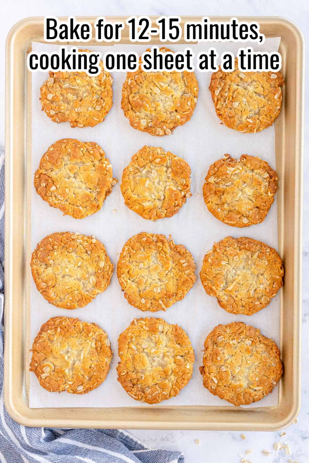 sheet pan of baked cookies with instructions overlaid in text.