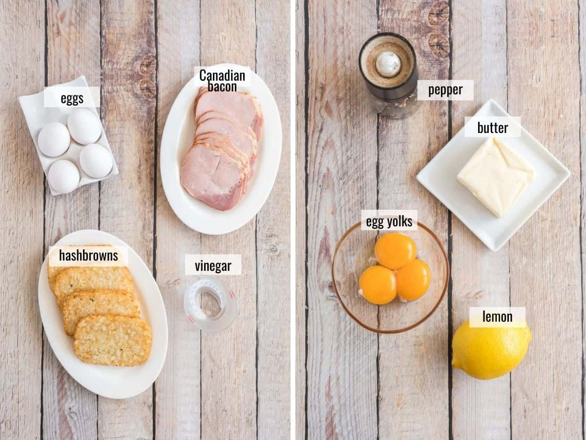 ingredients to make eggs benedict laid out and labeled