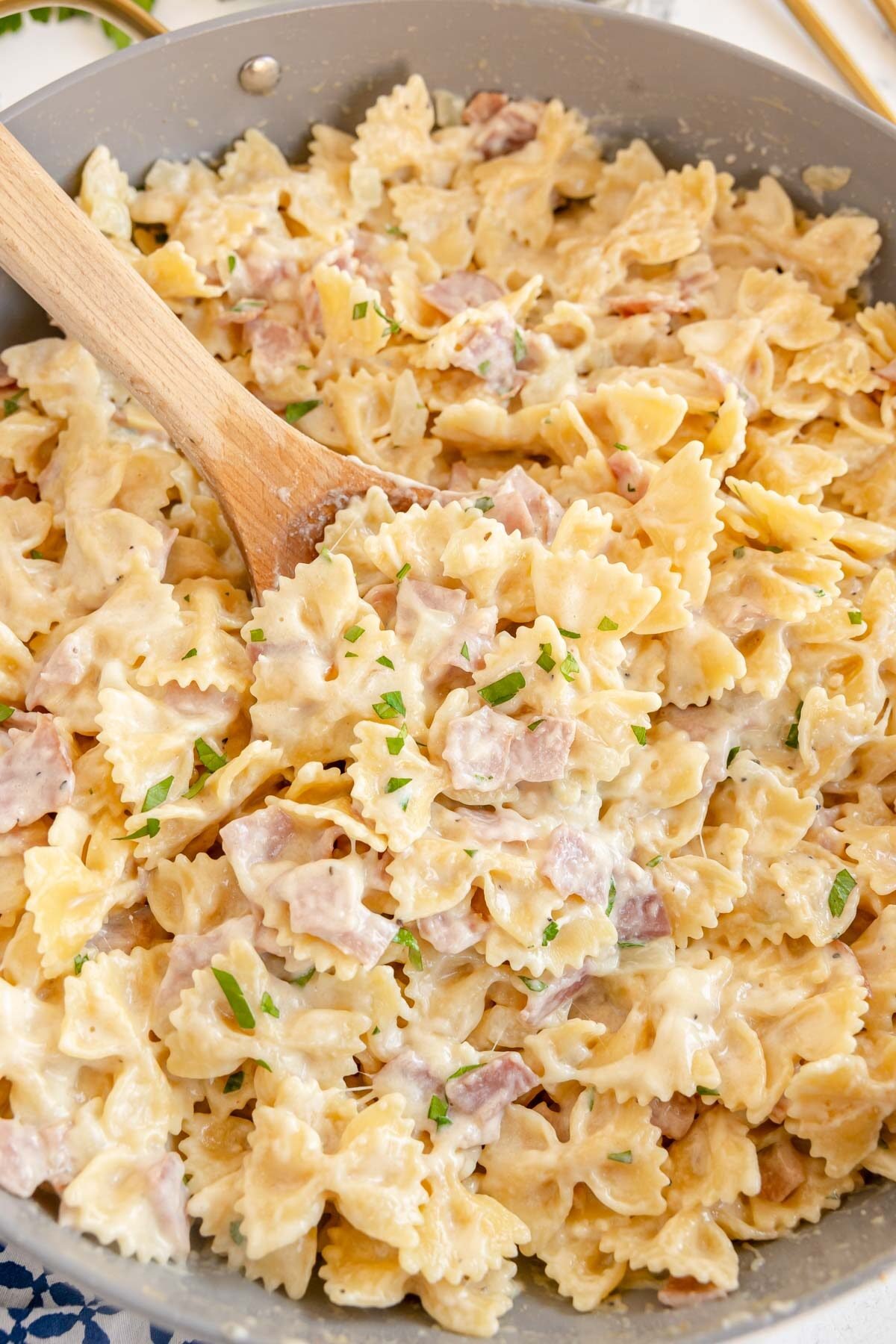 ham and cheese pasta in a skillet