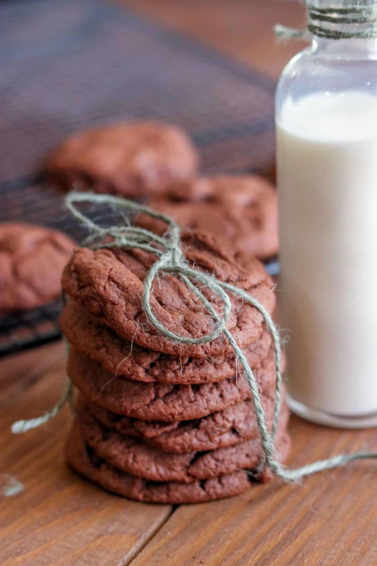 chocolate cookies stacked and tied with blue string
