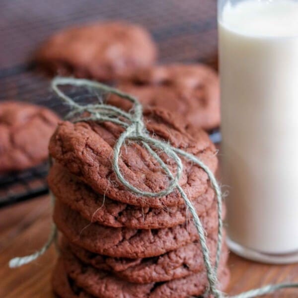 chocolate cookies stacked and tied with blue string