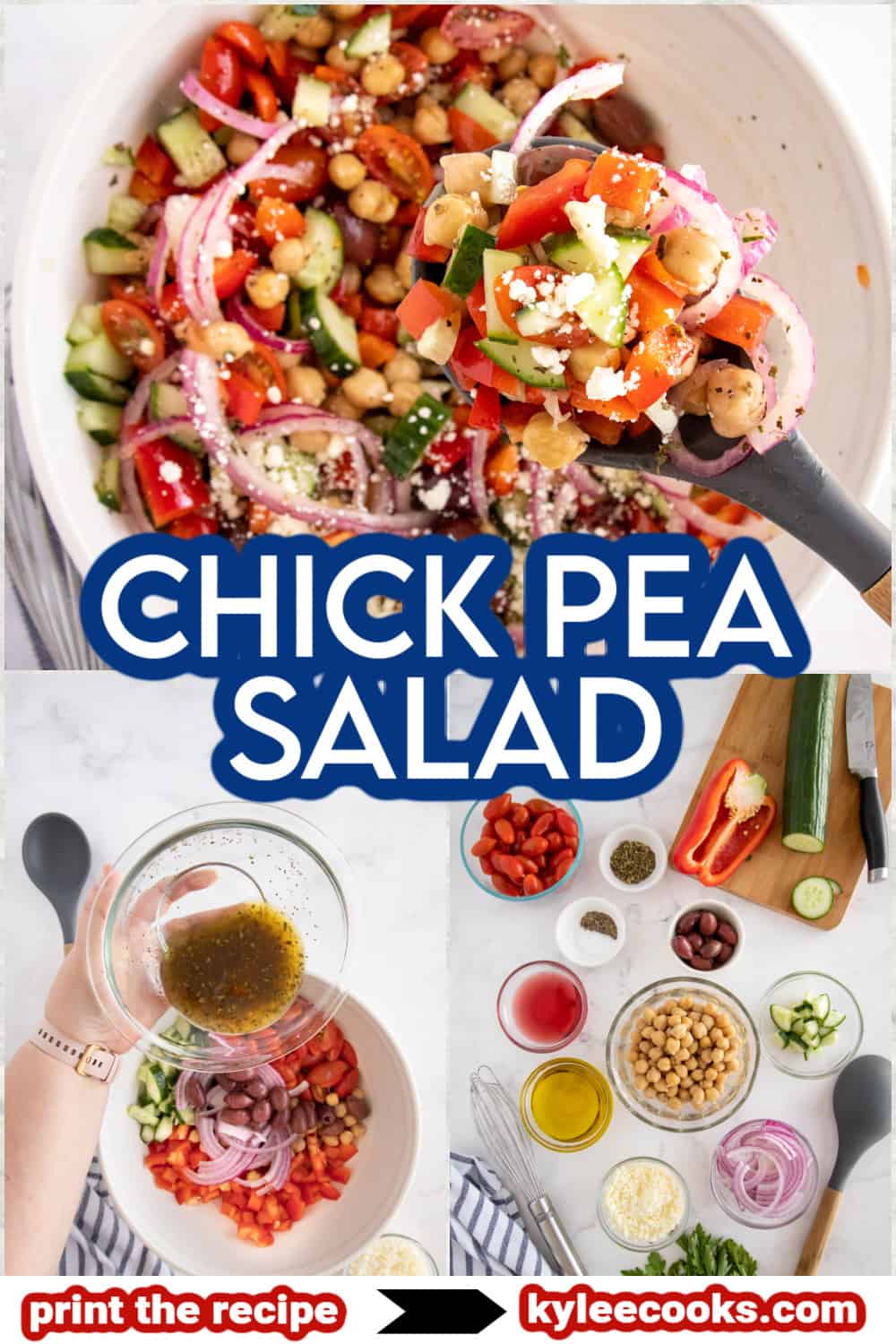 chick pea salad in a white bowl with recipe ingredients overlaid in text.