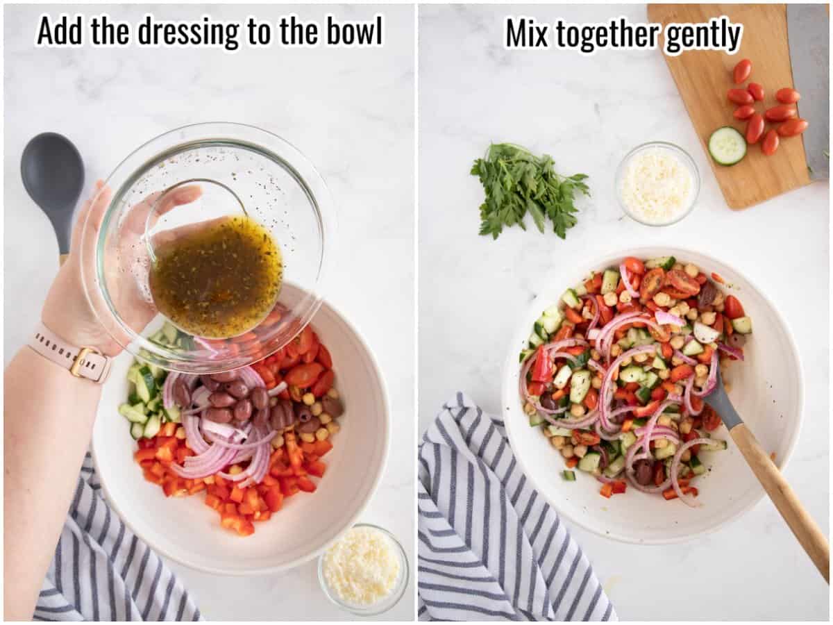 Collage of process of adding dressing and mixing together a greek chick pea salad.