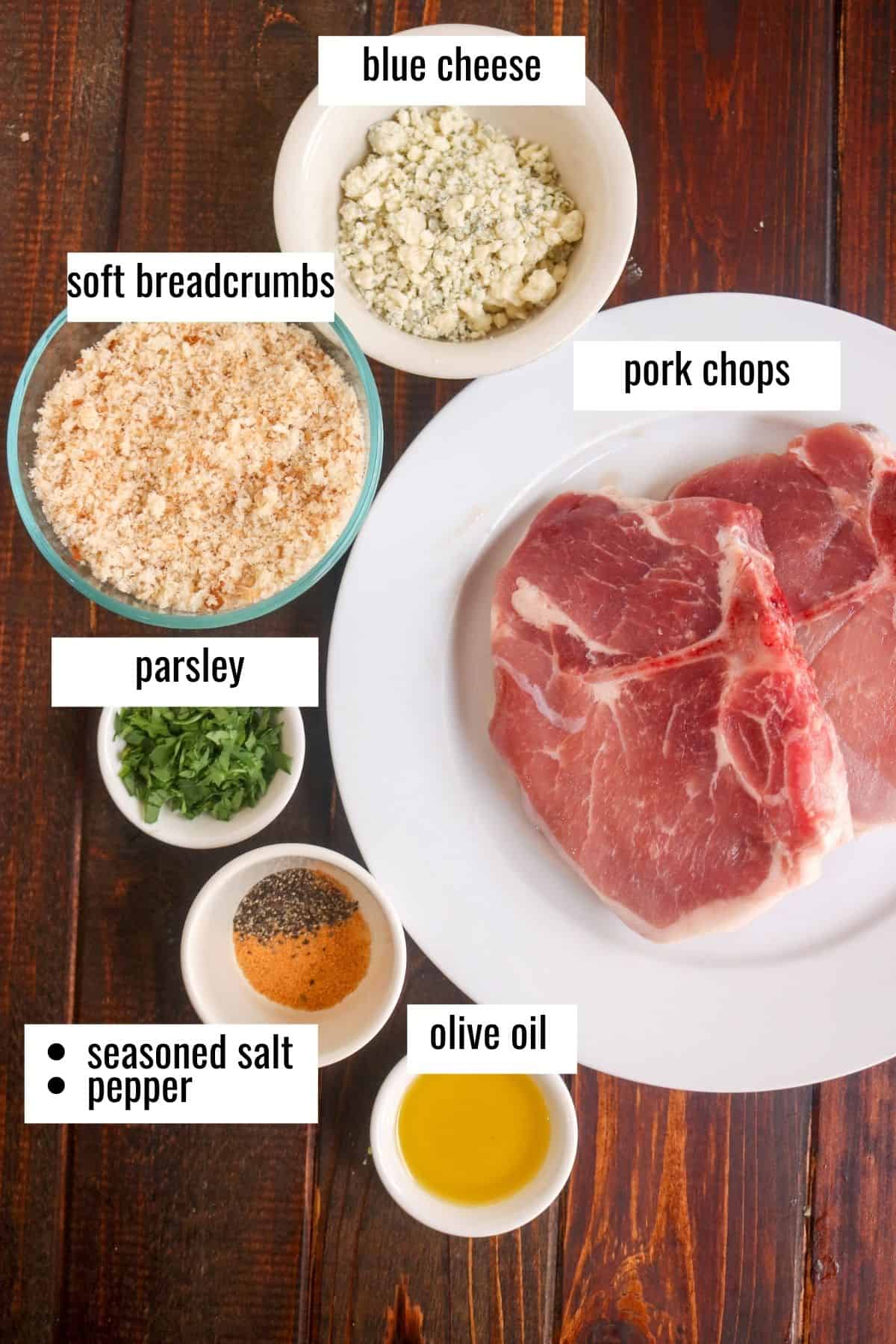 ingredients for blue cheese crusted pork chopslaid out labeled