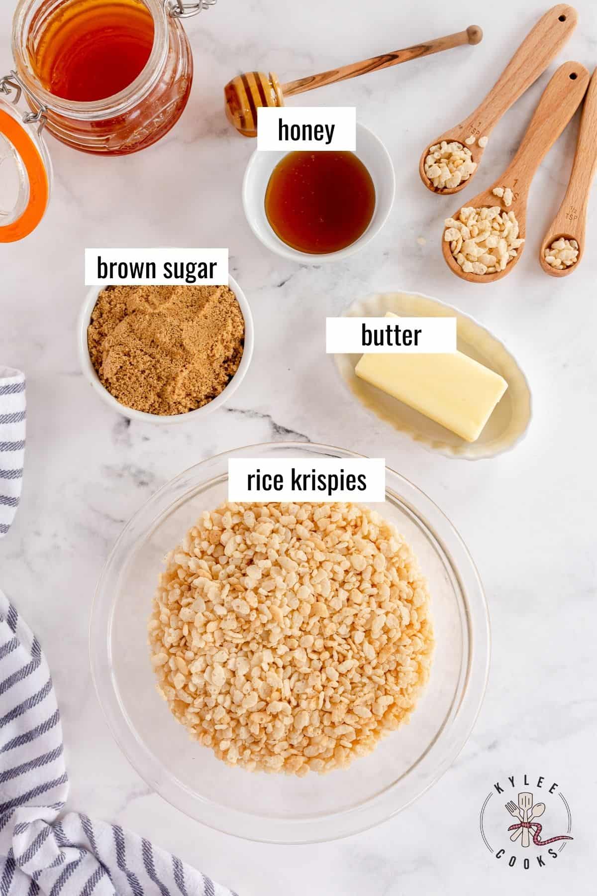ingredients to make rice krispie treats laid out and labeled