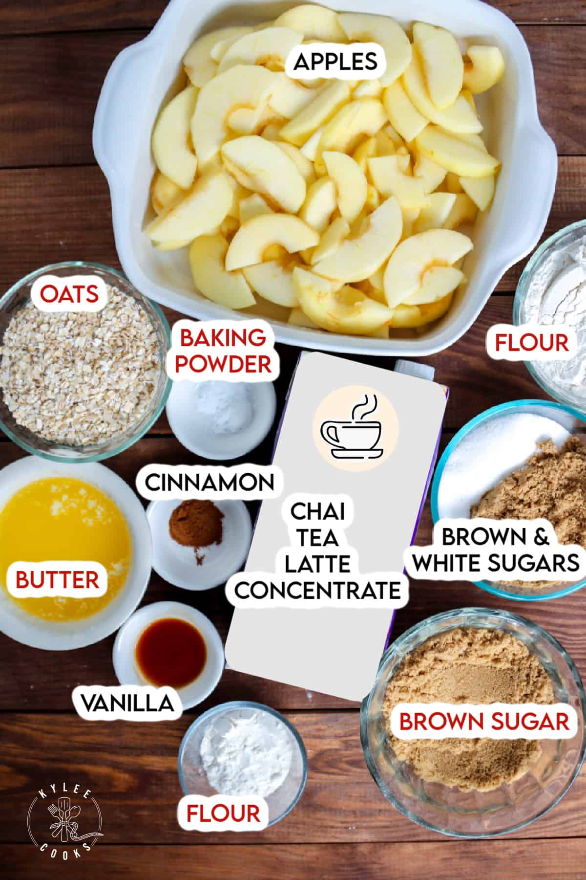ingredients to make chai apple crisp laid out and labeled.