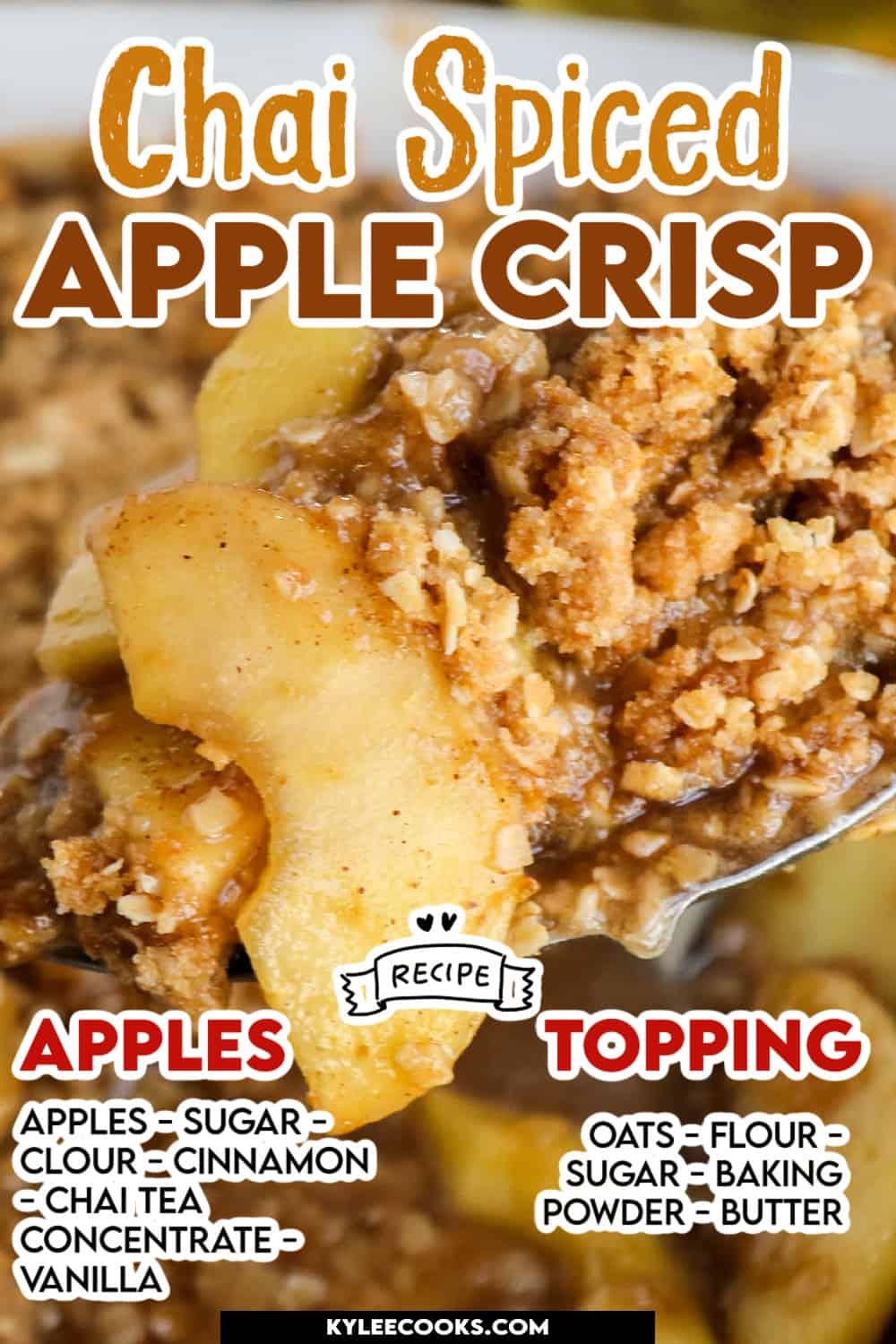 Apple Crisp with recipe name and ingredients overlaid in text.