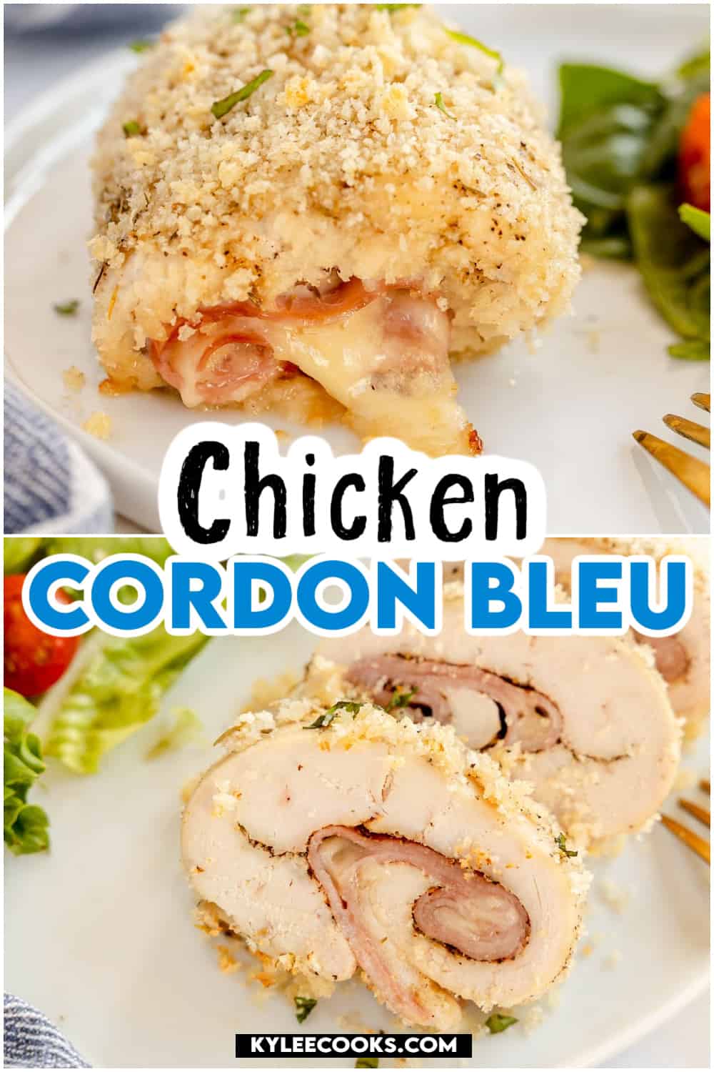 Chicken cordon bleu with salad on a white plate with recipe name and ingredients overlaid in text.