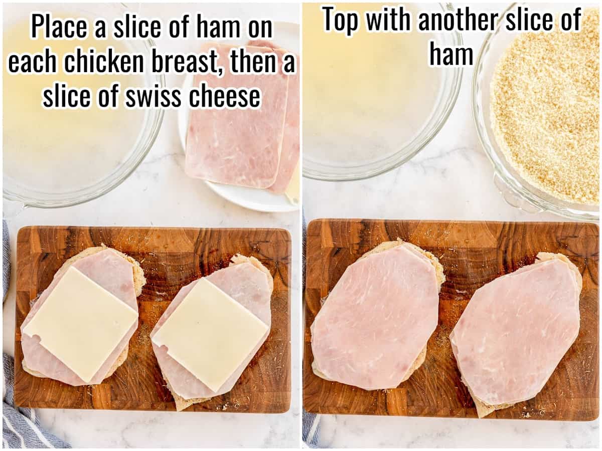 process for making chicken cordon bleu. adding cheese and ham to seasoned chicken cutlets.