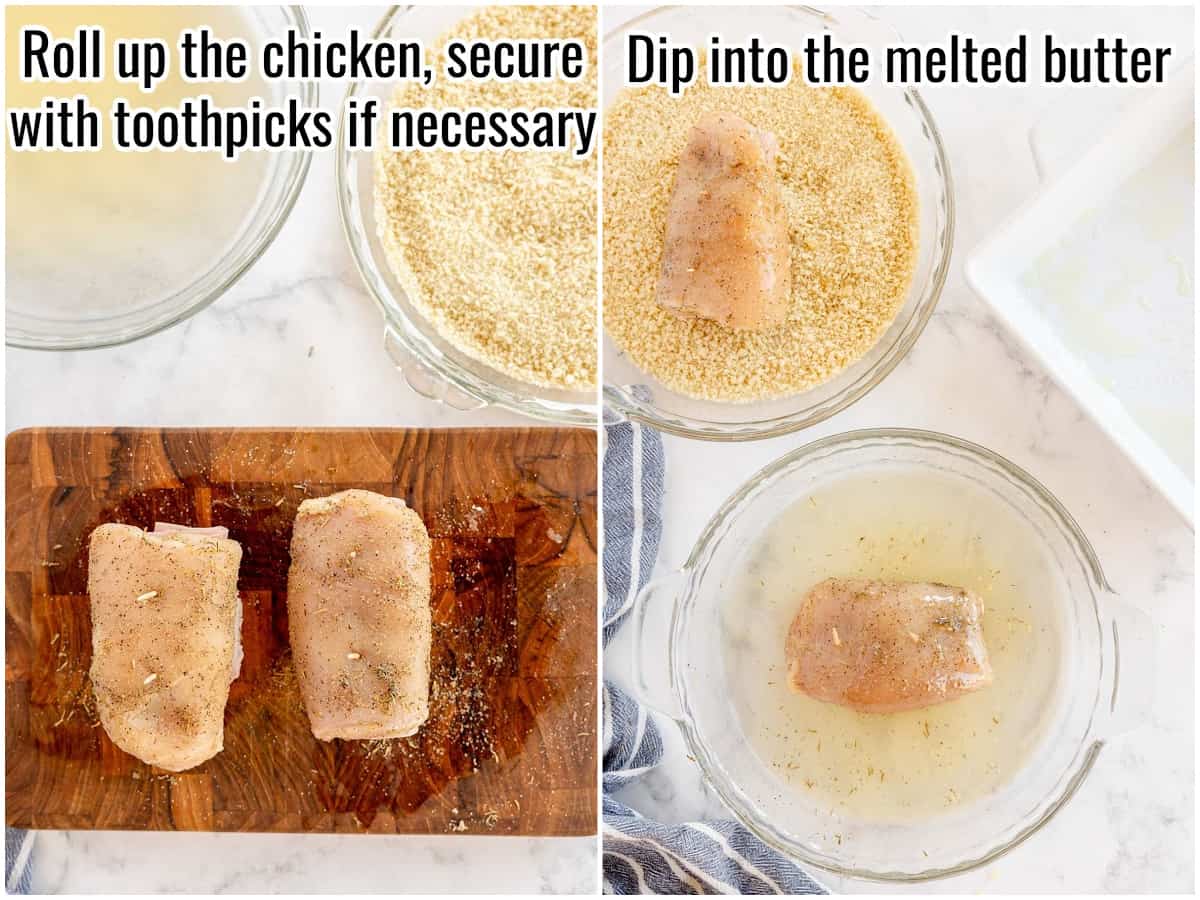 process for making chicken cordon bleu. Rolling up and dipping in butter.