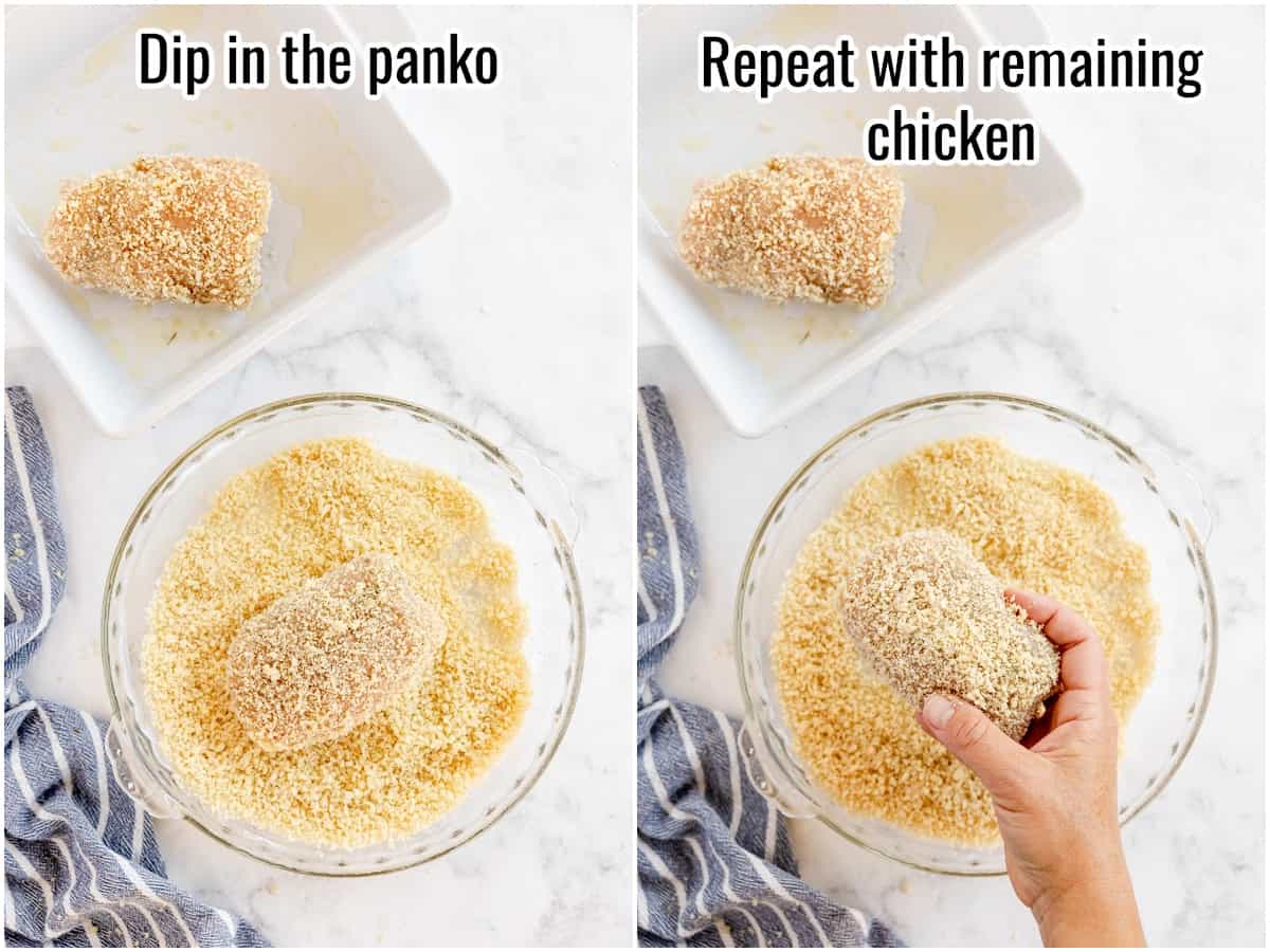 process for making chicken cordon bleu. Dipping cutlets in panko.