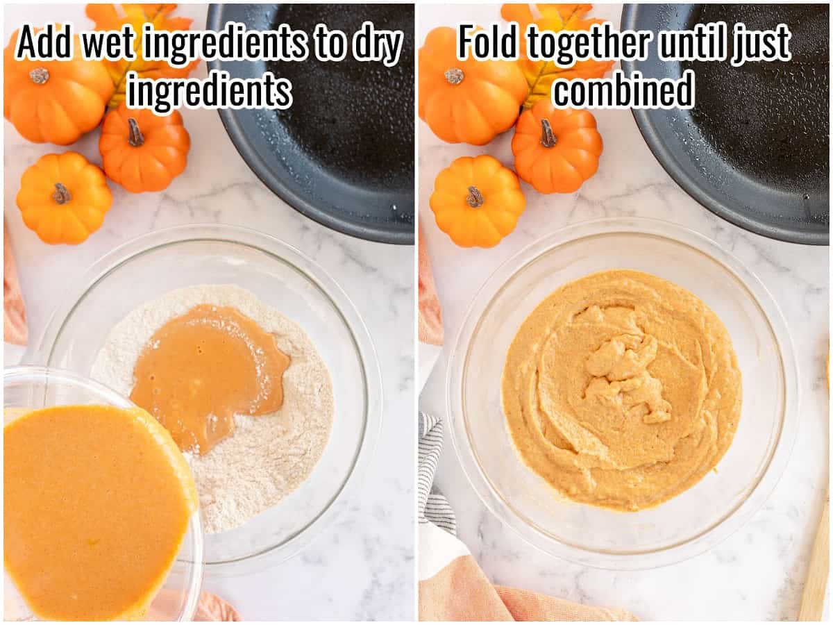 collage of combining wet and dry ingredients for pumpkin pancakes.
