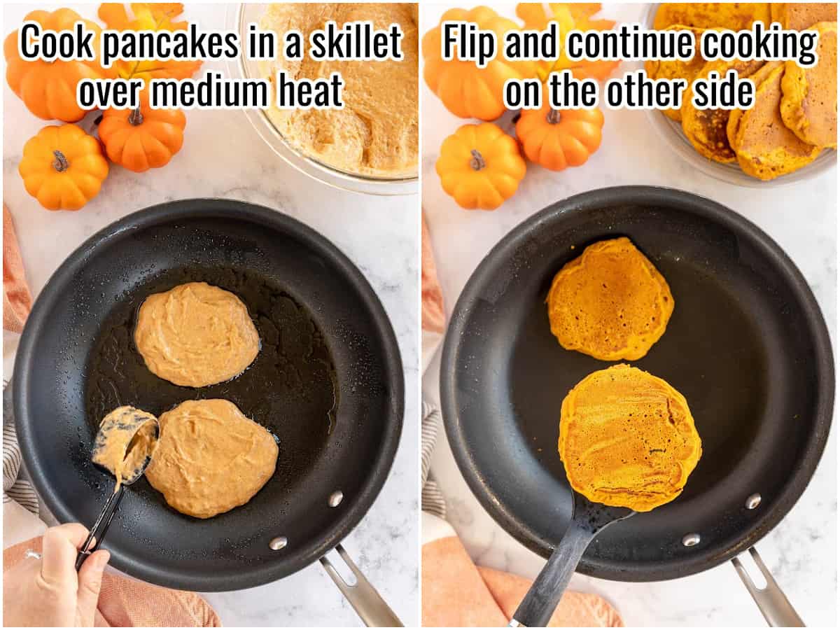 collage of cooking pumpkin spice pancakes.