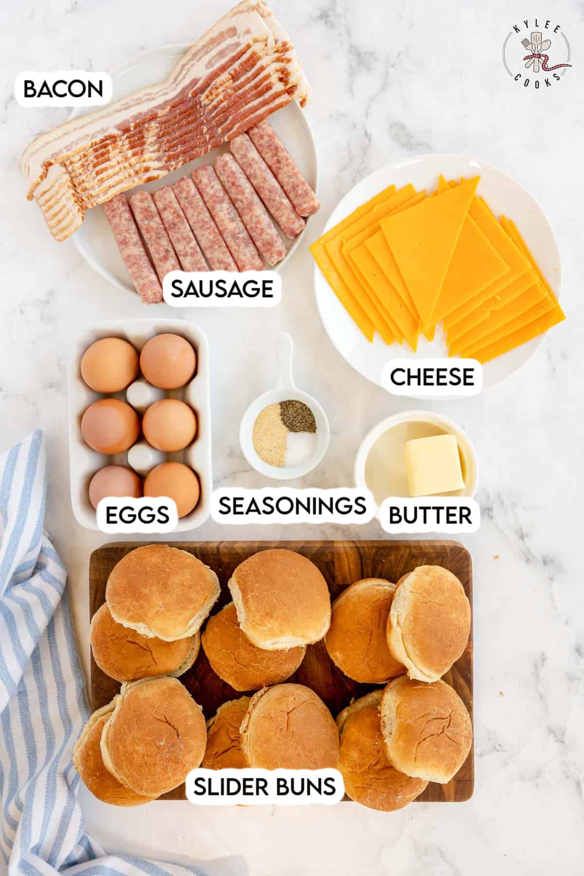 ingredients to make breakfast sliders laid out and labeled.