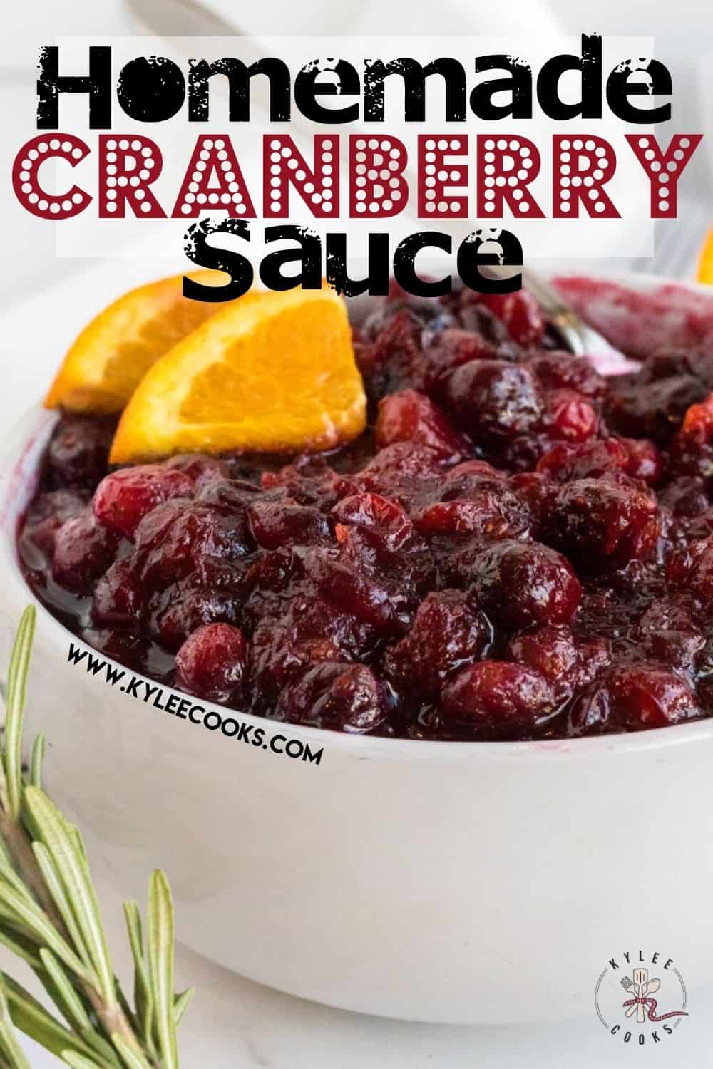 cranberry sauce in a white bowl with recipe name overlaid in text