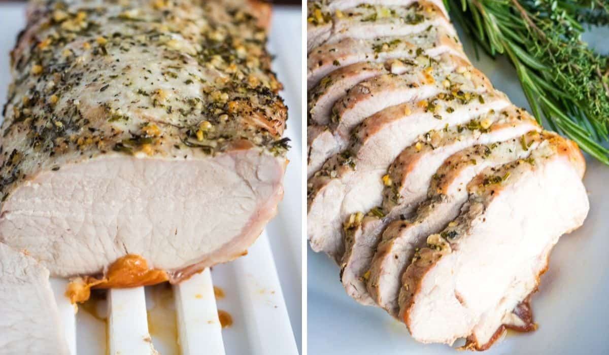 collage showing unsliced and sliced pork loin