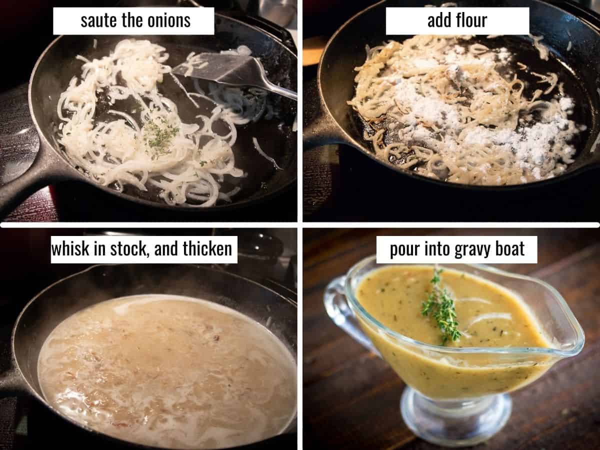 collage showing steps to make gravy from scratch