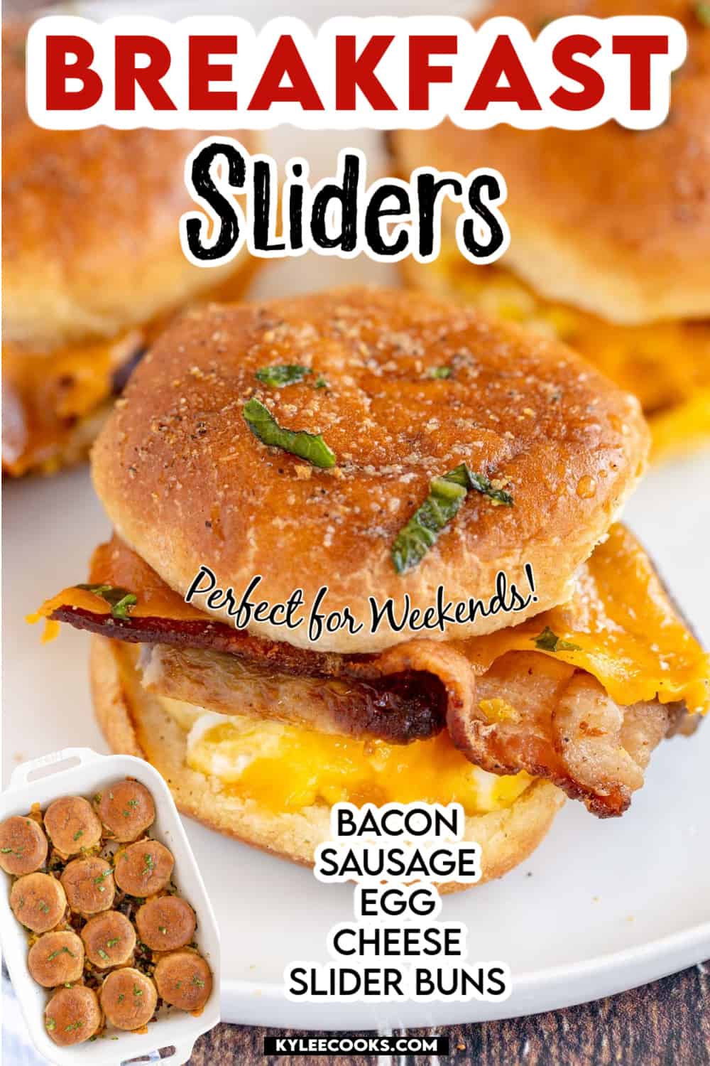 Bacon and egg breakfast sliders with recipe name and ingredients overlaid in text.