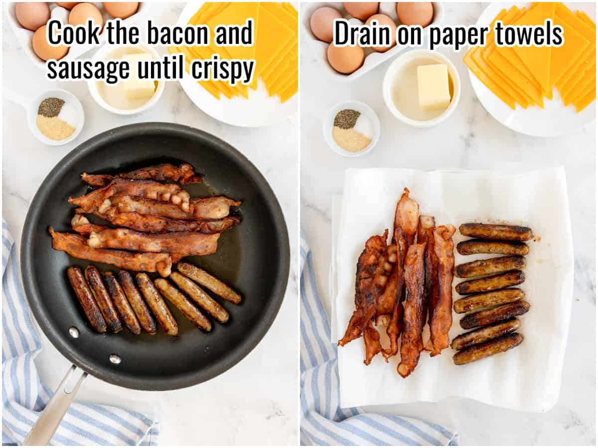 collage of process to cook bacon and sausage.