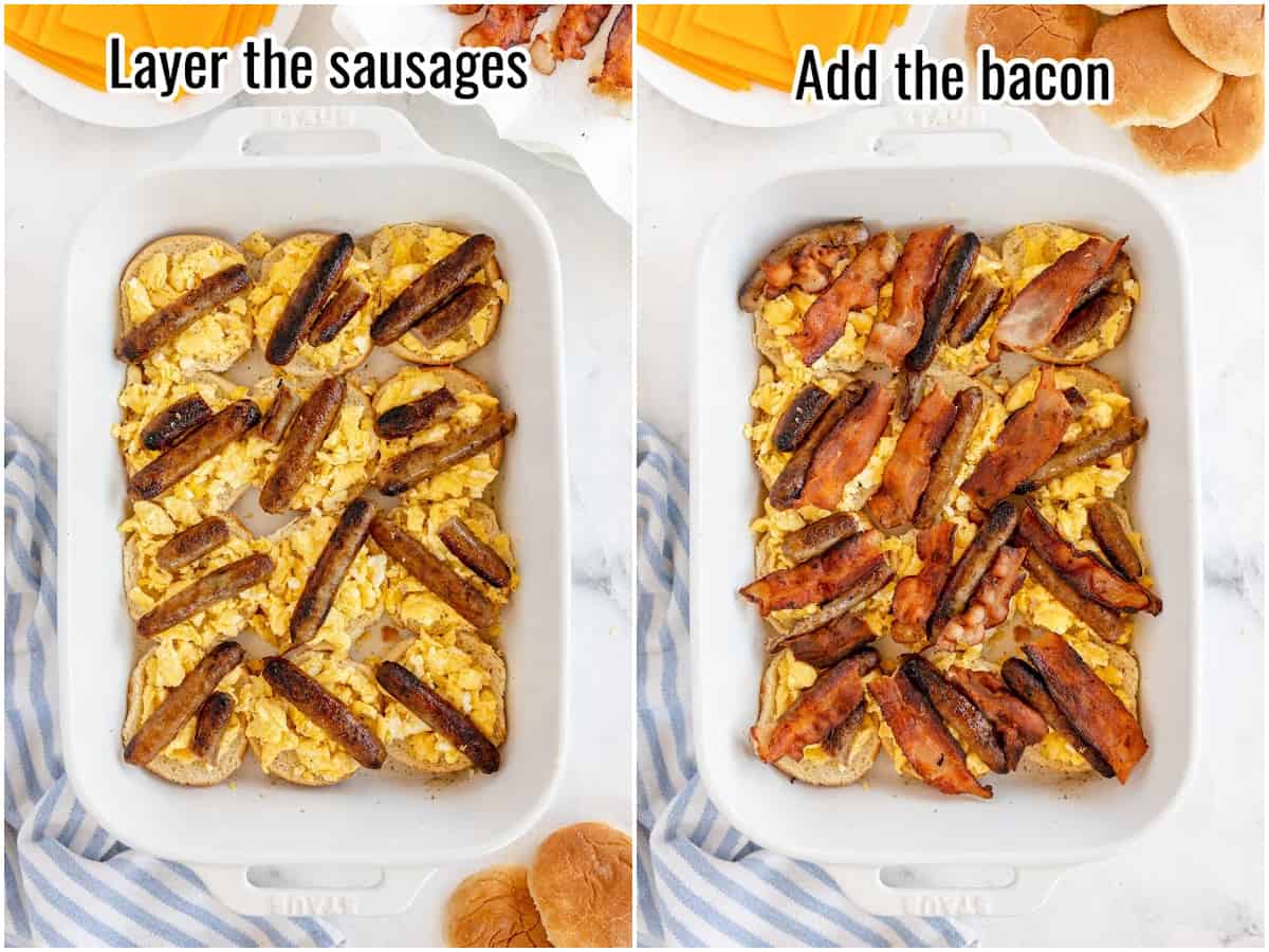 2 images showing layering sausage and bacon on sliders.
