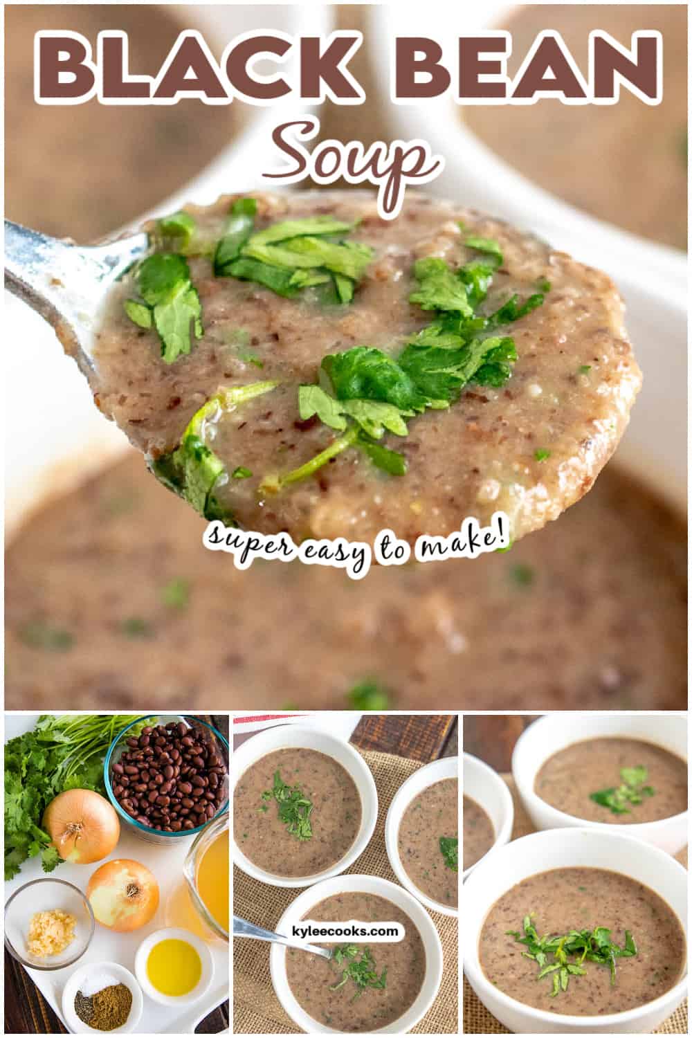 black bean soup in a white bowl with recipe ingredients and name overlaid in text.