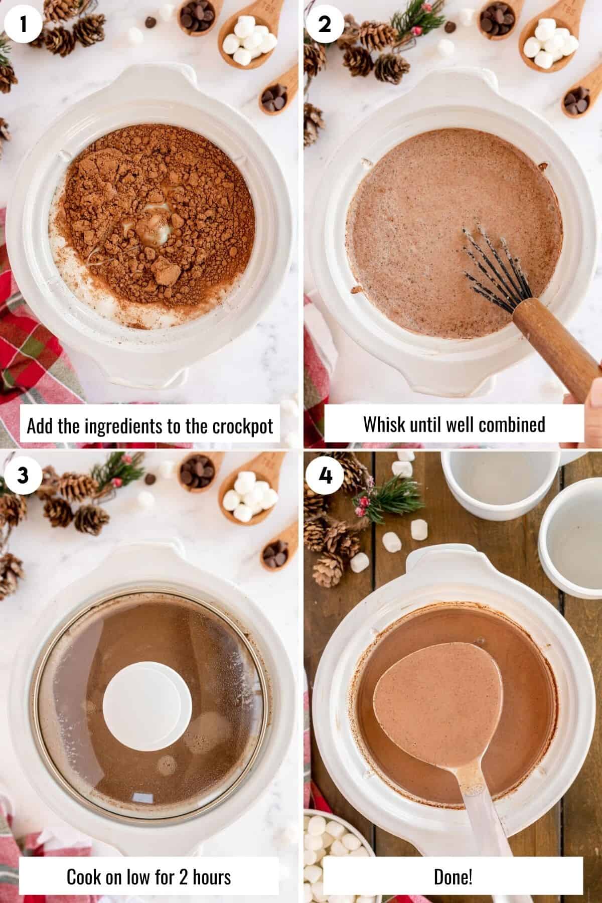 collage of process shot making hot chocolate in a crockpot