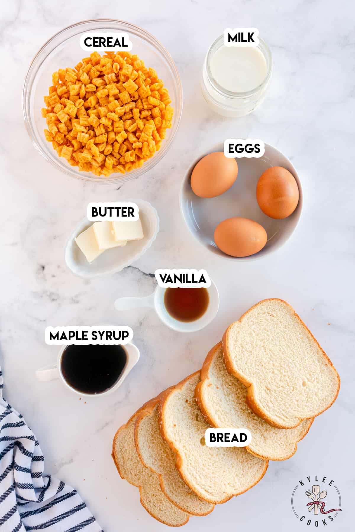 ingredients to make crunchy french toast laid out and labeled