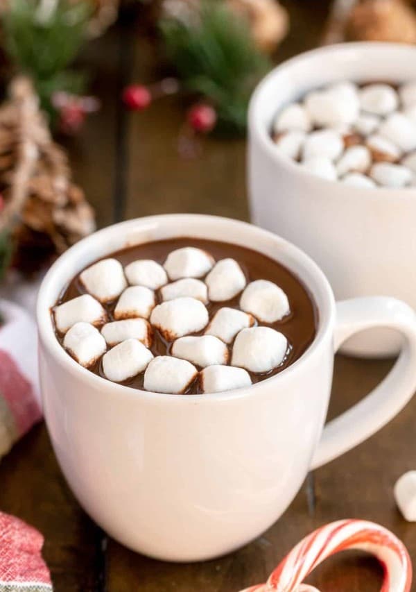 white mug of crockpot hot chocolate with winter decorations