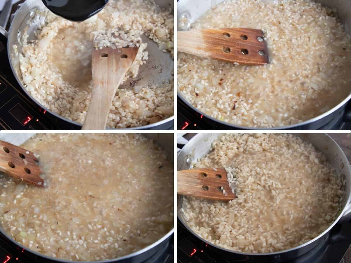 collage showing the different stages of adding stock to risotto