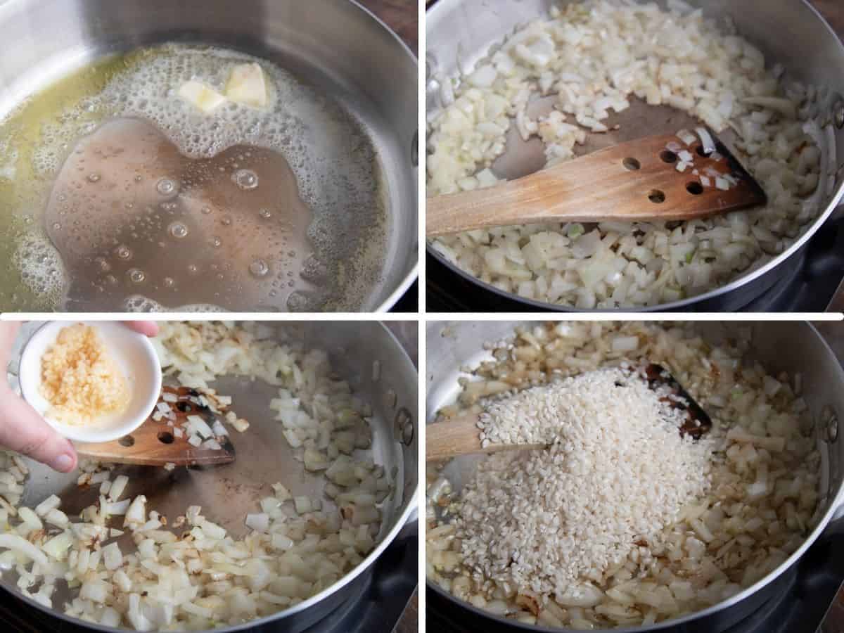 collage showing the base of risotto