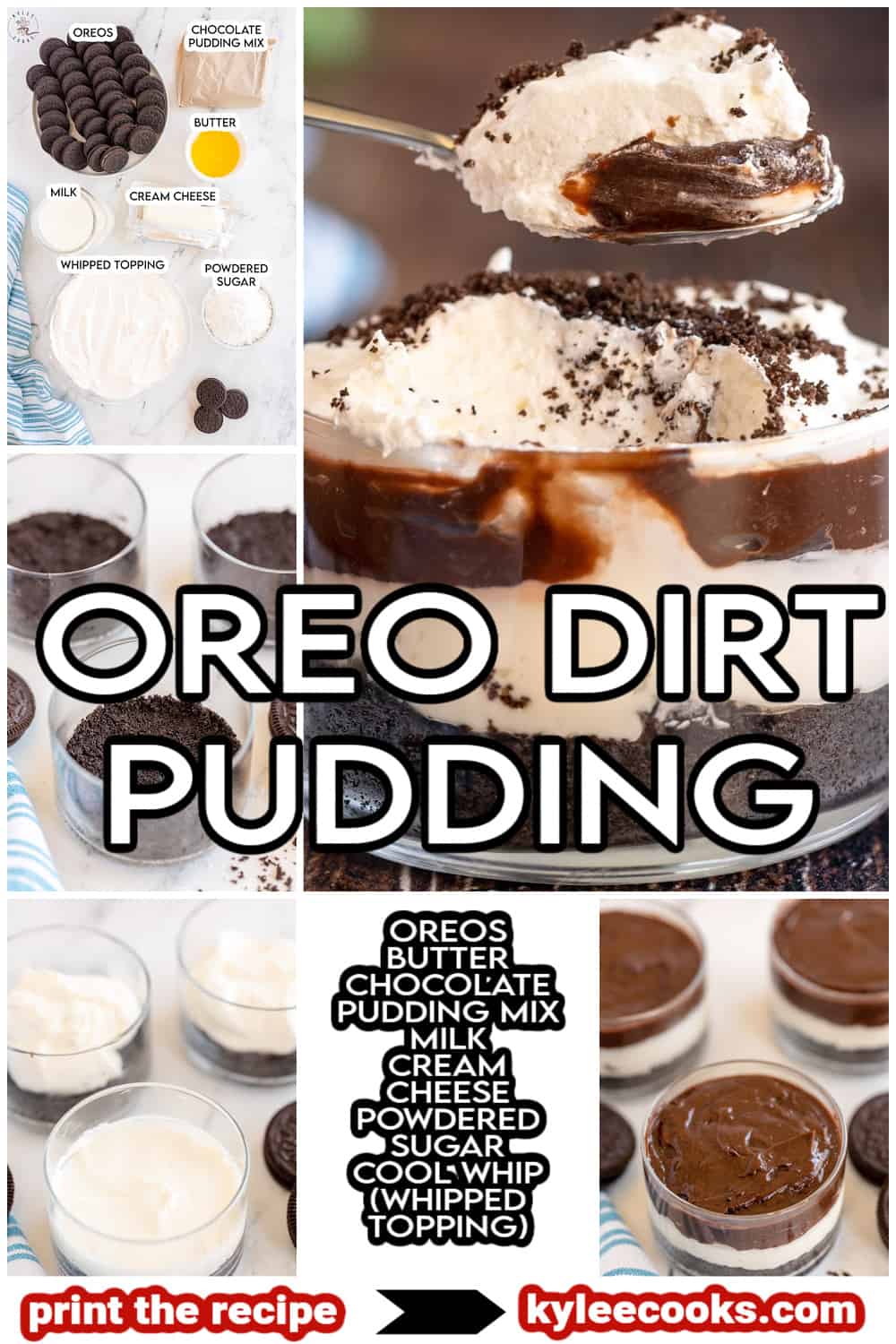 Oreo Dirt pudding dans un verre, avec les ingrédients de la recette et le titre superposés dans le texte.