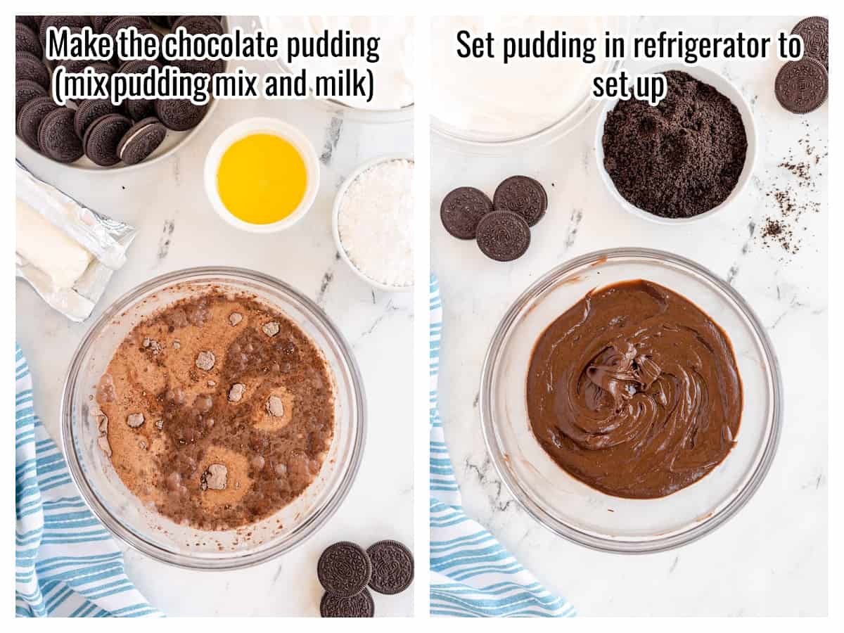 collage showing mixing chocolate pudding mix with milk.