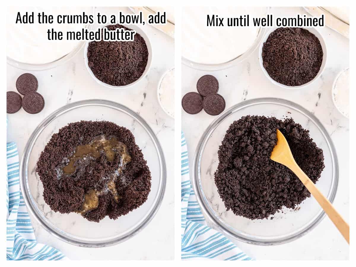 collage of a bowl of crushed oreos with butter, to make a crust.