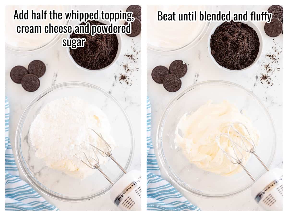 collage of making the whipped topping part of an oreo dirt pudding.