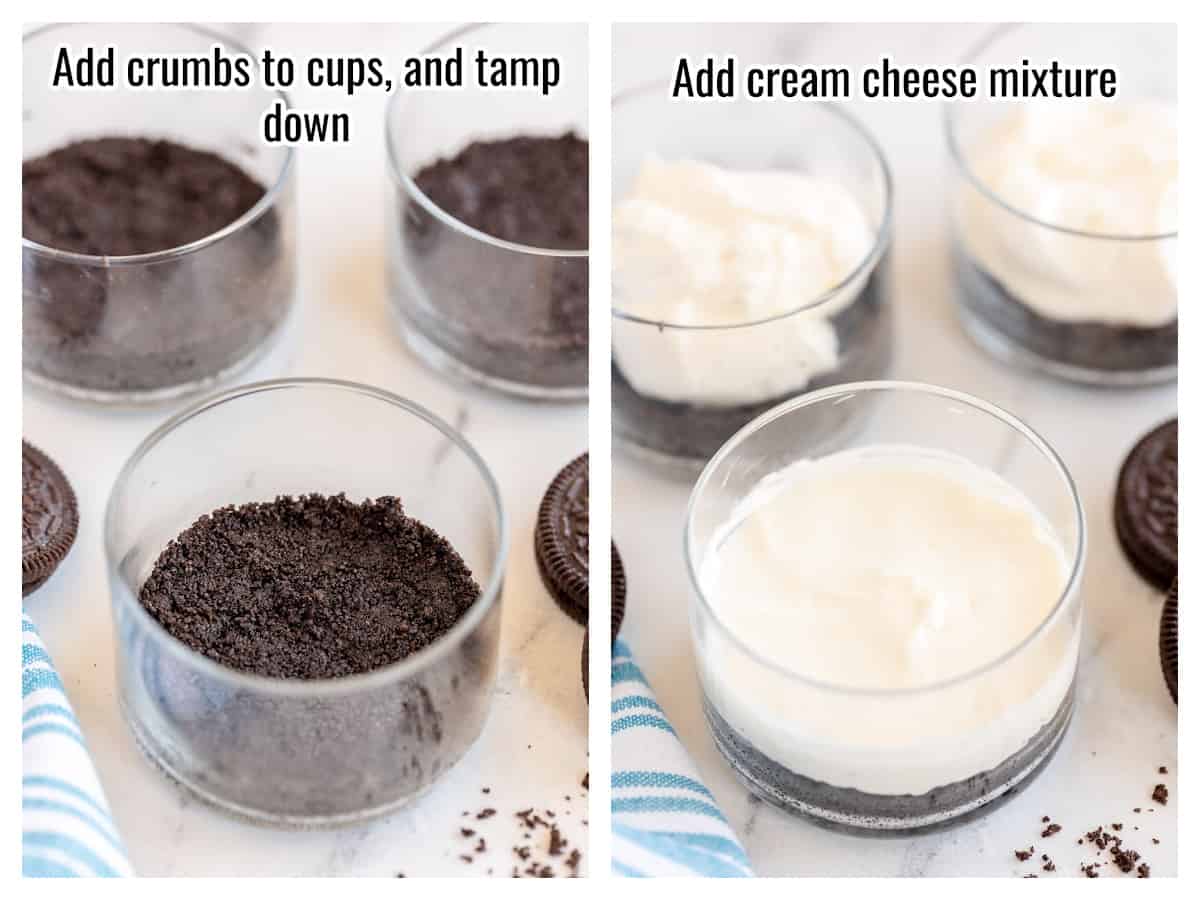 collage of process pics to make oreo dirt pudding, with instructions overlaid in text.