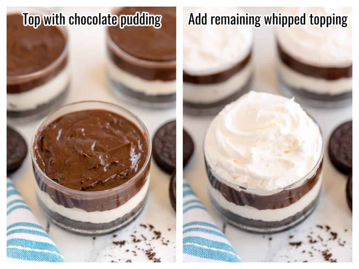 collage of adding the chocolate pudding and remaining cool whip to the glass.